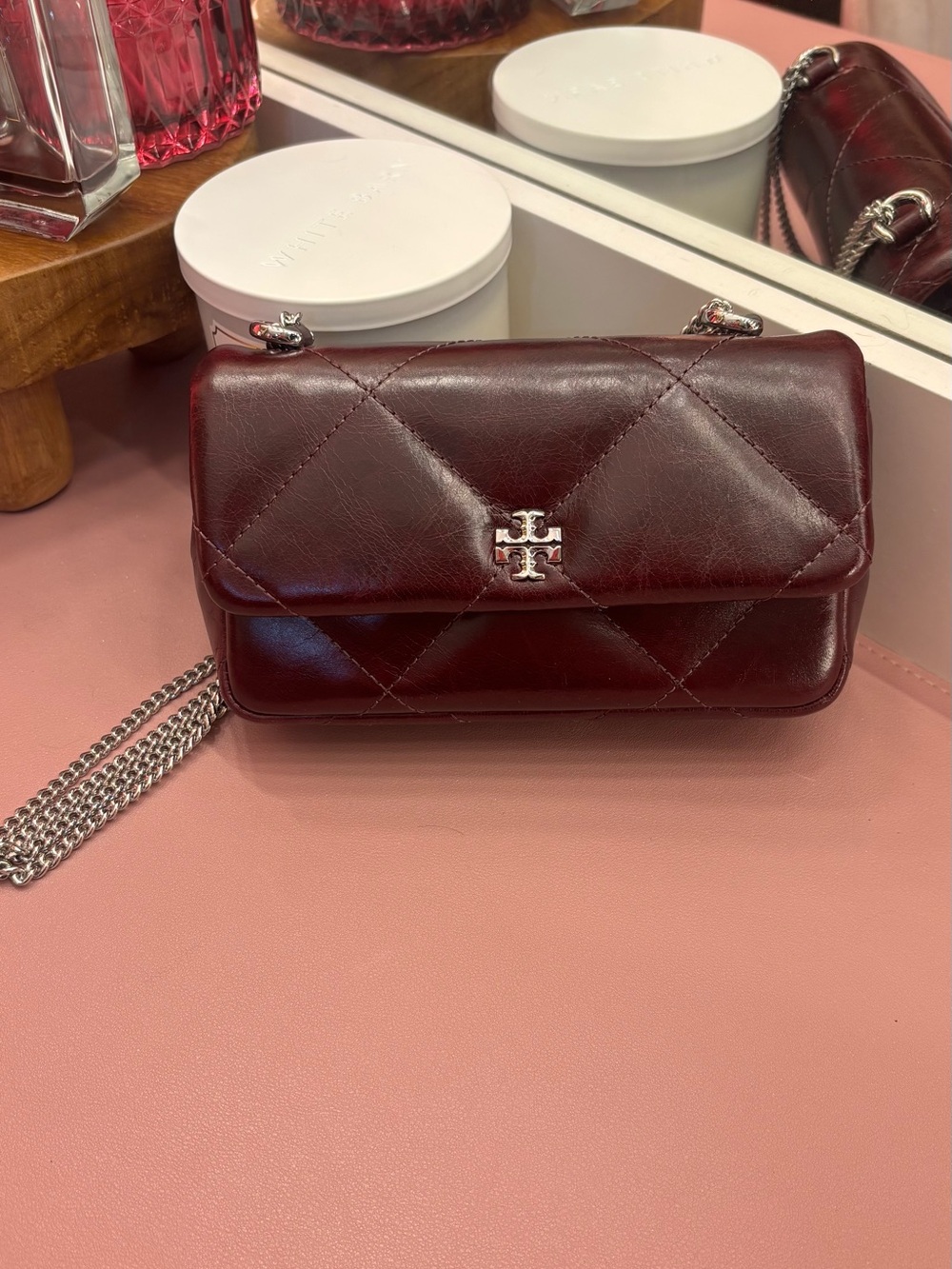 Tory Burch Kira Diamond Quilt Distressed Mini Flap Bag in dark carmine